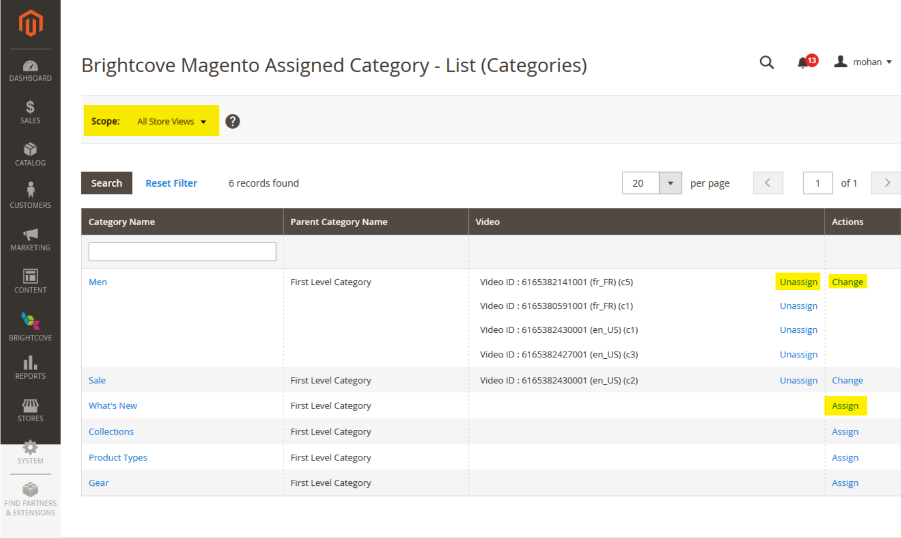 Assign Videos to Categories Page